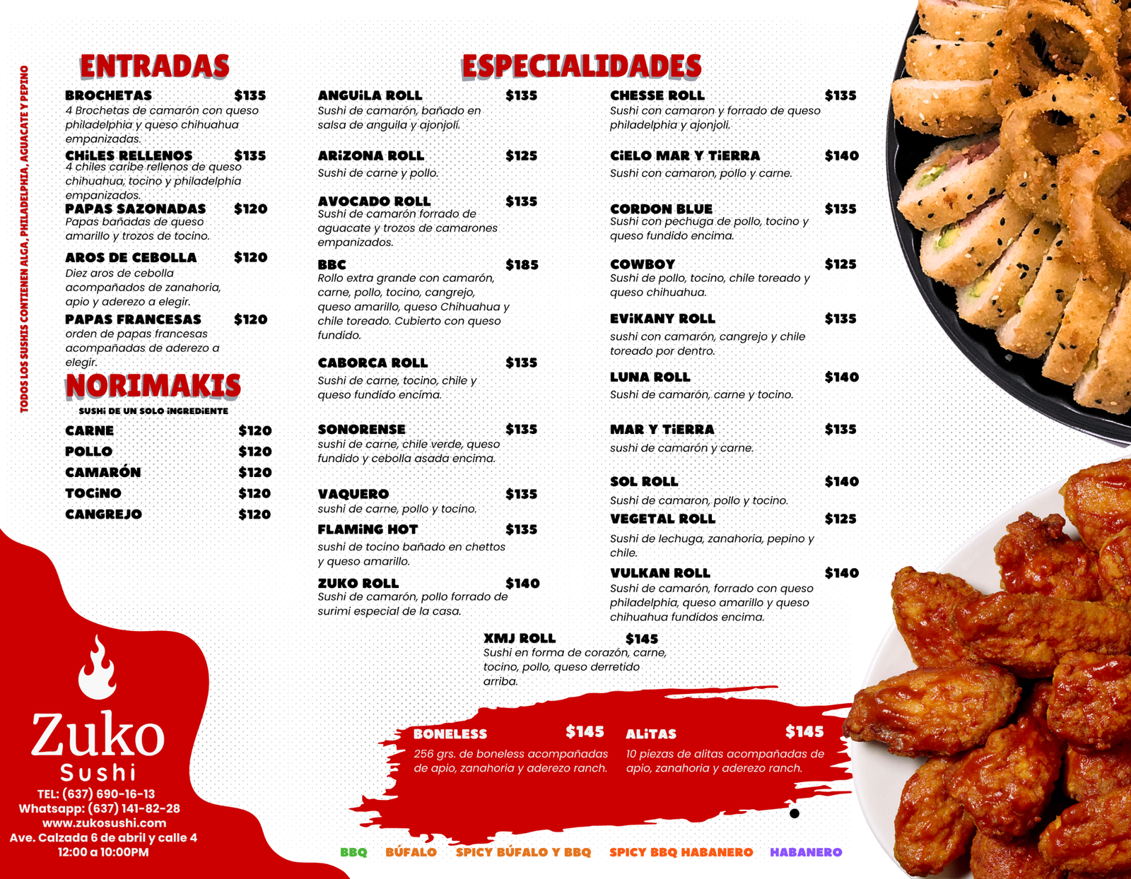 Menú de Zuko Sushi: entradas, norimakis, especialidades, boneless y alitas