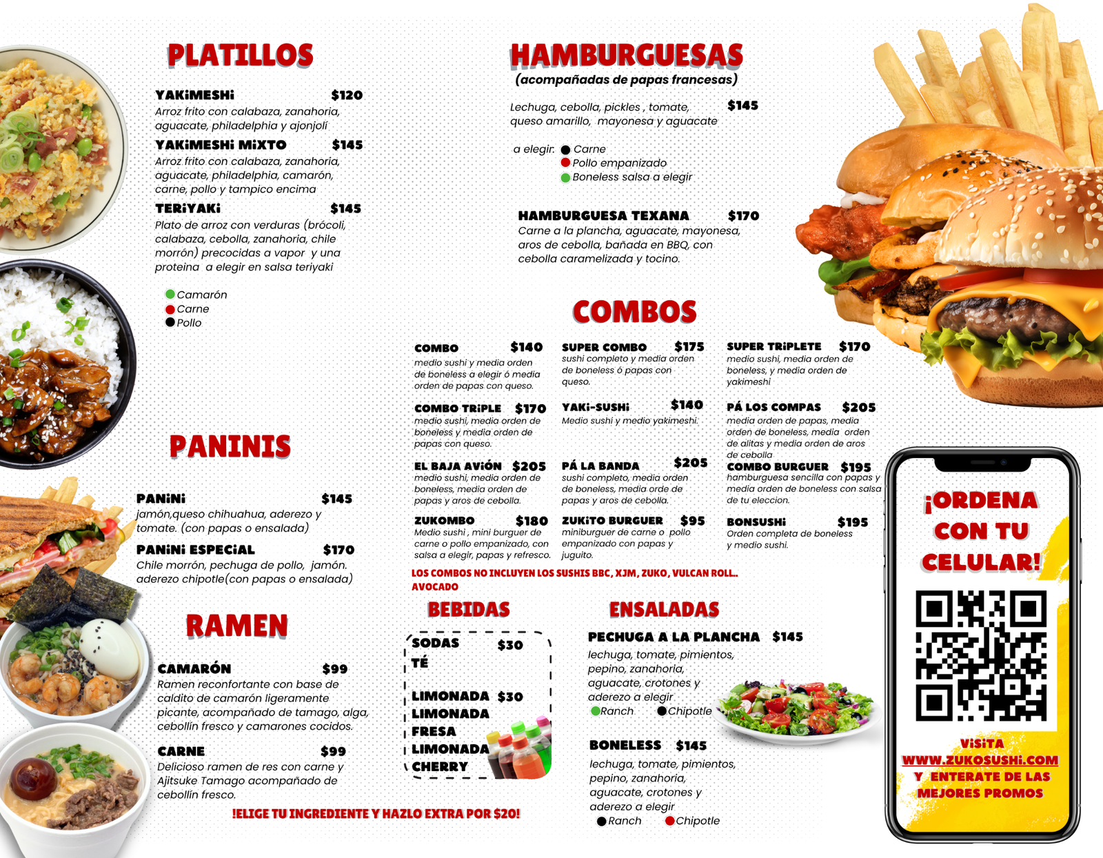 Menú de Zuko Sushi: platillos, hamburguesas, combos, paninis, ramen, bebidas y ensaladas